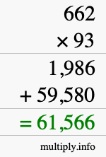 How to calculate 662 times 93 using long multiplication