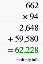 How to calculate 662 times 94 using long multiplication
