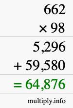How to calculate 662 times 98 using long multiplication