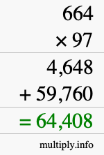 How to calculate 664 times 97 using long multiplication