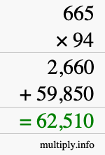 How to calculate 665 times 94 using long multiplication