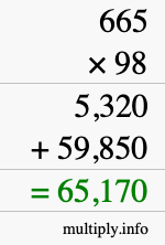 How to calculate 665 times 98 using long multiplication