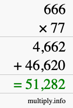 How to calculate 666 times 77 using long multiplication