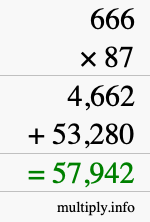 How to calculate 666 times 87 using long multiplication
