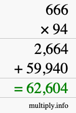 How to calculate 666 times 94 using long multiplication
