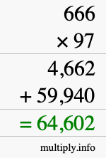 How to calculate 666 times 97 using long multiplication