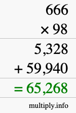 How to calculate 666 times 98 using long multiplication