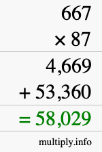 How to calculate 667 times 87 using long multiplication
