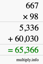 How to calculate 667 times 98 using long multiplication