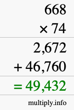 How to calculate 668 times 74 using long multiplication