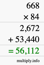 How to calculate 668 times 84 using long multiplication