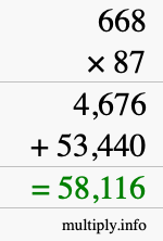 How to calculate 668 times 87 using long multiplication