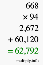 How to calculate 668 times 94 using long multiplication
