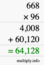 How to calculate 668 times 96 using long multiplication