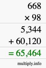 How to calculate 668 times 98 using long multiplication