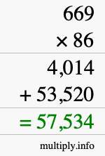 How to calculate 669 times 86 using long multiplication