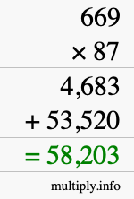 How to calculate 669 times 87 using long multiplication