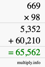 How to calculate 669 times 98 using long multiplication