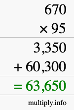 How to calculate 670 times 95 using long multiplication