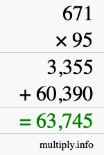 How to calculate 671 times 95 using long multiplication