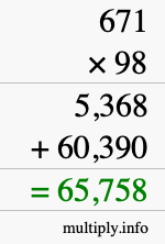 How to calculate 671 times 98 using long multiplication