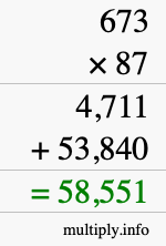 How to calculate 673 times 87 using long multiplication