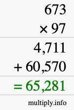 How to calculate 673 times 97 using long multiplication