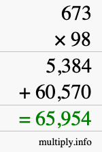 How to calculate 673 times 98 using long multiplication