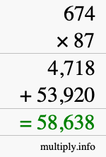 How to calculate 674 times 87 using long multiplication