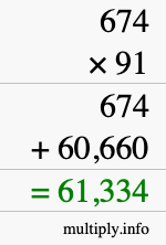 How to calculate 674 times 91 using long multiplication