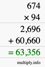 How to calculate 674 times 94 using long multiplication