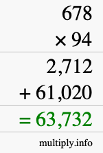 How to calculate 678 times 94 using long multiplication