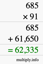 How to calculate 685 times 91 using long multiplication