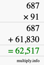 How to calculate 687 times 91 using long multiplication
