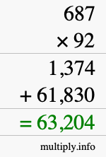 How to calculate 687 times 92 using long multiplication
