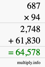 How to calculate 687 times 94 using long multiplication