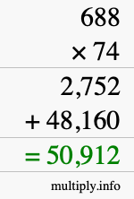 How to calculate 688 times 74 using long multiplication