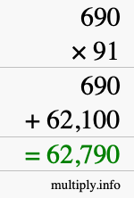How to calculate 690 times 91 using long multiplication
