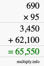How to calculate 690 times 95 using long multiplication