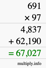 How to calculate 691 times 97 using long multiplication