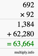 How to calculate 692 times 92 using long multiplication