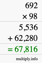 How to calculate 692 times 98 using long multiplication