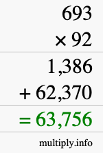 How to calculate 693 times 92 using long multiplication
