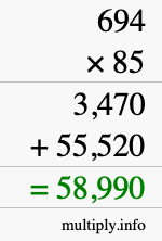 How to calculate 694 times 85 using long multiplication