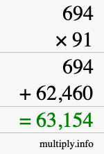 How to calculate 694 times 91 using long multiplication
