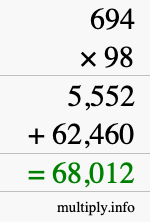 How to calculate 694 times 98 using long multiplication