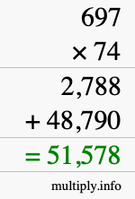 How to calculate 697 times 74 using long multiplication