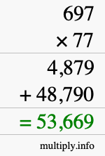 How to calculate 697 times 77 using long multiplication