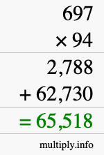 How to calculate 697 times 94 using long multiplication