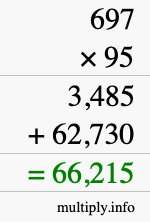 How to calculate 697 times 95 using long multiplication